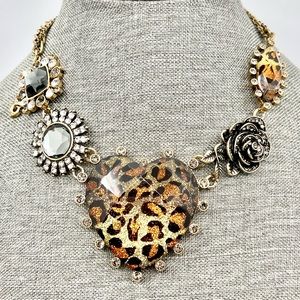 Betsey Johnson Heart Rose Leopard Print Collar Necklace w/Tag HTF!